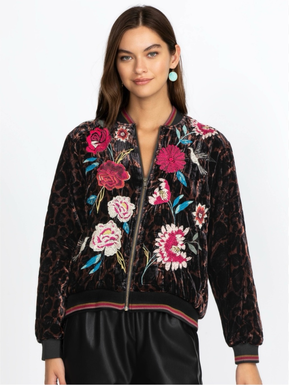 Johnny Was Junia Velvet Quilted Leopard Embroidered Bomber Jacket XS